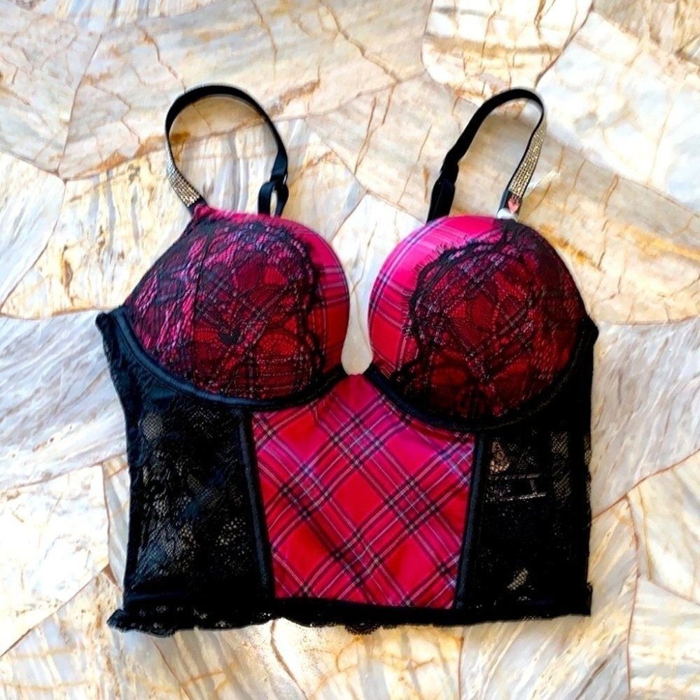 New 32A VS VERY SEXY Bombshell Add-2-Cups Push-Up Corset Top Red Plaid Shine